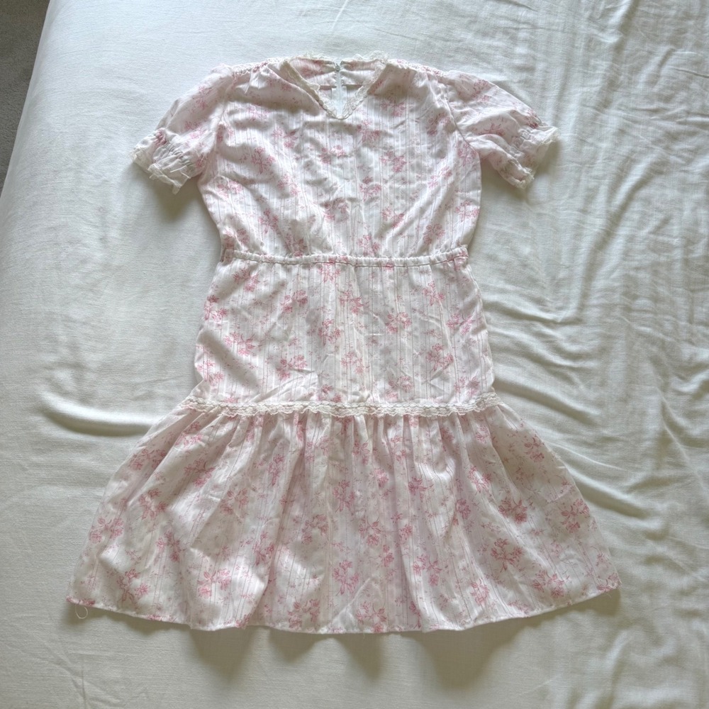 Vintage Coquette Pink Floral Lace Dobby Tiered Mini Dress Love Shack Fancy Style - Picture 3 of 5